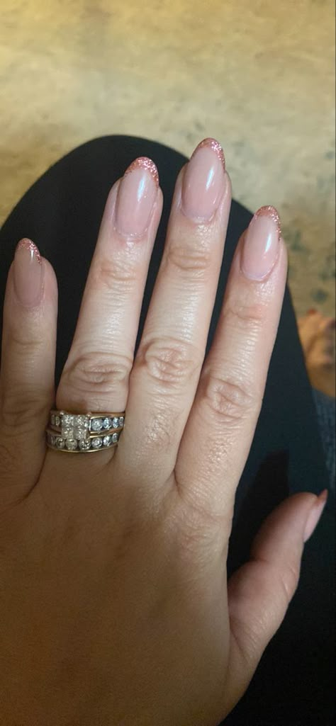 Pink Gold French Nails, White French Tip Nails With Rose Gold, Nails That Match Rose Gold Dress, Bachelorette Nails Bridesmaid Pink, French Tip Rose Gold Nails, Rose Gold Nails For Prom, Dusty Rose French Tip Nails, Rose Gold Nails French Tip, Rose Gold Glitter French Tip Nails