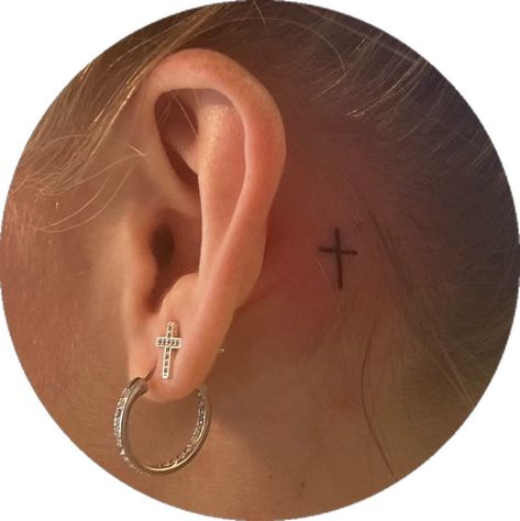 Mini Tattoos Christian, Small Tattoo Behind Ear, Cross Tattoo Behind Ear, Cross Behind Ear Tattoo, Small Cross Tattoos, Small Cross Tattoo, Tattoo Behind Ear, Cross Tattoo, Small Crosses