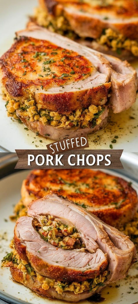 Stuffed Pork Chops: a juicy, flavorful meal that's perfect for any occasion! Tender pork chops filled with a savory stuffing, seared to perfection, and baked for a deliciously hearty dinner. Thick Stuffed Pork Chops, Stuffing Stuffed Pork Chops, How To Make Stuffed Pork Chops, Stovetop Stuffed Pork Chops, Bone In Stuffed Pork Chops, Stuffing Pork Chops Baked, Easy Stuffed Pork Chops Baked In Oven, Stuffed Pork Chops With Stove Top, Stuff Pork Chops With Stuffing In Oven