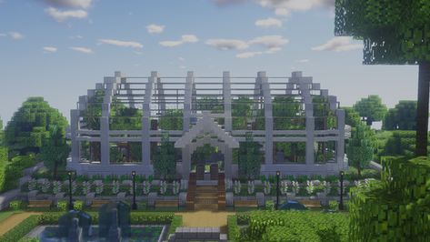 Glass Garden Minecraft, Minecraft Aviary Ideas, Minecraft Parrot Sanctuary, Minecraft Big Greenhouse, Jurassic Park Minecraft Build, Panda Enclosure Minecraft Ideas, Minecraft Building Ideas Animal Farm, Minecraft Zoo Entrance Ideas, Minecraft Habitats