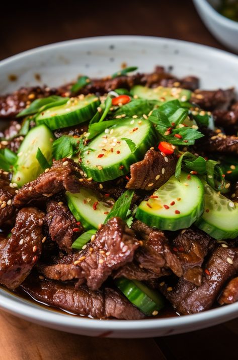 A delicious and refreshing salad with marinated beef and cucumber in a spicy Szechuan sauce. Szechuan Beef, Szechuan Sauce, Marinated Beef, Refreshing Salad, Sriracha Sauce, Flank Steak, Fudge Recipes, Cucumber Salad, Cooking Techniques