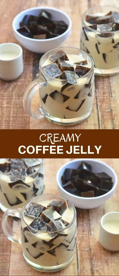 Coffee Jelly with coffee-flavored gelatin generously drizzled with sweetened cream for a simple yet impressive dessert everyone is sure to love! It's a fun and delicious way to get your caffeine fix! Coffee Jello, Jelly Drink, Morning Elixir, Budget Desserts, Gluten Free Coffee, Coffee Jelly, Jelly Desserts, Gelatin Recipes, Refreshing Snacks