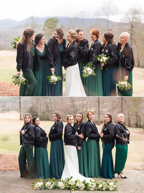 Gift your bridesmaids with a personalized bomber jacket Bridesmaids Jackets Winter, Jackets Cute, Forest Green Bridesmaid Dresses, Proposal Photography, Cute Matching, Athens Georgia, Green Bridesmaid, Green Bridesmaid Dresses, Outdoor Photos