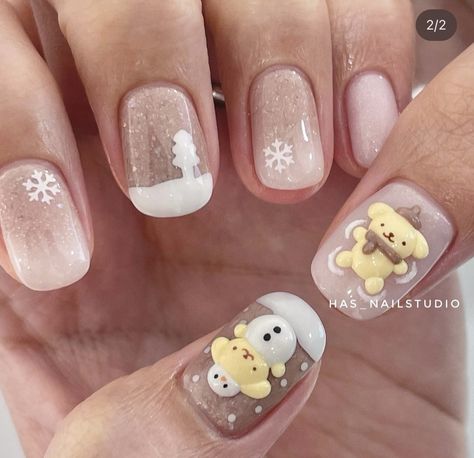 Christmas Sanrio Nails, Sanrio Christmas Nails, Korean Winter Nails, Spidey Nails, Cute Bear Nails, Nail Xmas, Korea Nail Art, Admin Work, Minimal Nails Art