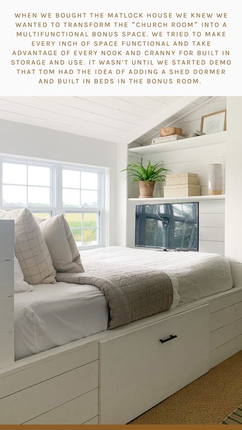 Built In Bed By Window, Tiny Room Built In Bed, Twin Beds Built Into Wall, Day Bed In Attic, Bonus Room Nook Ideas, Diy Built In Bed Nook, Built In Daybed With Trundle, Full Size Bed Built Into Wall, Built In Beds For Adults Space Saving