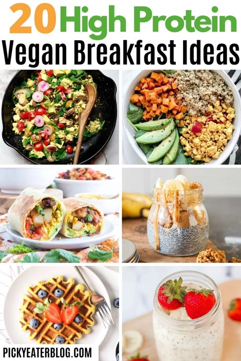 Vegan Breakfast With Protein, Protein Rich Vegan Breakfast, Vegan Breakfast Recipes High Protein, Protein Packed Vegan Breakfast, Healthy Vegetarian Breakfast Meal Prep, Vegan Veggie Breakfast, Plant Protein Breakfast, High Protein Vegetarian Breakfast Ideas, Vegetarian Protein Breakfast Ideas