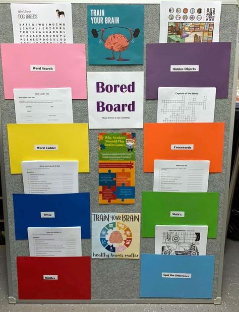 'Bored Board' Brain Training for Seniors Nursing Home Baking Ideas, Recreation Department Ideas, Senior Gardening Activities, Retirement Home Activities Ideas, Nursing Home Resident Activities, Bored Board Nursing Home, Senior Resident Activity Ideas, Activities Room For Seniors, 1:1 Activities For Seniors