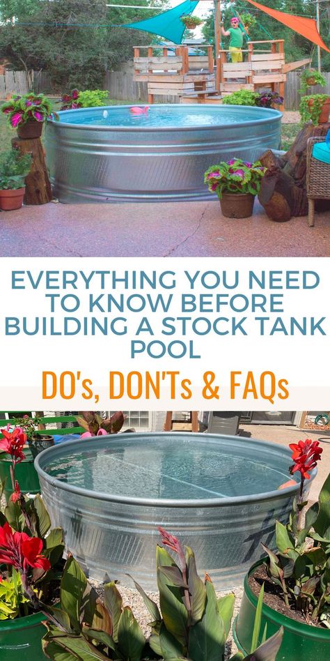 Learn the ins and outs of building a stock tank pool from cost to cleaning, do's and don'ts and frequently asked questions! Diy Backyard Pool, Diy Pool Ideas, Homemade Pool, Diy Pools, Diy Stock Tank Pool, Homemade Swimming Pools, Stock Tank Hot Tub, Galvanized Stock Tank, Build Your Own Pool