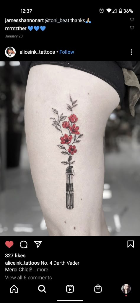 Pretty Star Wars Tattoo, Red Lightsaber Tattoo, Floral Lightsaber Tattoo, Lightsaber Flower Tattoo, Anakin Skywalker Lightsaber Tattoo, Floral Star Wars Tattoo, Girly Star Wars Tattoo, Feminine Star Wars Tattoo, Simple Star Wars Tattoo