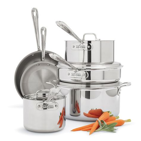 All-Clad d3 Stainless Steel 10-Piece Set | Sur La Table Clean Stainless Steel Pans, All Clad Cookware, Kitchenaid Artisan Stand Mixer, Royal Prestige, Accessories For Kitchen, Eco Friendly Cookware, Oyster Roast, Kitchen Pots, Best Cookware