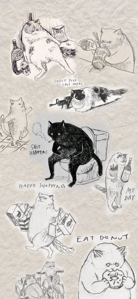 Kathy Lam Cat, Crazy Cats Drawing, Weird Cat Drawing, Funny Cat Sketch, Funny Cat Doodles, Cat Drawing Funny, Funny Cat Drawings, Fat Cat Drawing, Funny Cats Drawing