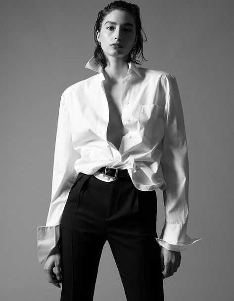 White Shirt Editorial, Shirt Editorial, Alexandra Agoston, Black And White Editorial, White Editorial, Vogue Arabia, Perfect White Shirt, Black White Portrait, Women In White