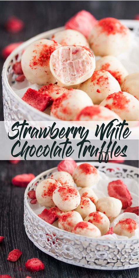 These Strawberry White Chocolate Truffles have an intense strawberry flavour in a little chocolate treat. Easy chocolate truffles. Homemade chocolate truffles. #chocolatetruffles #valentinesday via @sugarsaltmagic Strawberry Chocolate Truffles, Valentines Truffles Recipes, Strawberry Truffles Recipe, Valentines Candy Recipes, White Chocolate Truffles Recipe, Truffels Recipes, Wedding Truffles, Cute Dessert Recipes, Truffles Recipe Easy