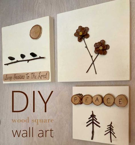 Ever since I discovered unfinished wood canvas board squares, I’ve been having a great time creating my own wall art. These wooden squares hang like a typical canvas and are the perfect base for painting and decorating. I typically like to create my art from items that I find in nature. Twigs, wood slices, andContinue reading → Small Wood Cube Crafts, Framed Twigs Wall Art, Natural Picture Made From Birch Bark And Twigs, Square Wood Coaster Ideas, Birch Bark Picture Frames, Diy Wood Wall Art, Adult Activities, Diy Coasters Tile, Painting And Decorating