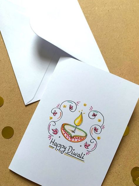 Happy Diwali Handmade Cards, Diwali Wishes Messages Greeting Card, Happy Diwali Cards Handmade, Diy Diwali Cards, Handmade Diwali Greeting Cards, Diwali Card Making, Sheet Drawing, Diwali Illustration, Happy Diwali Cards