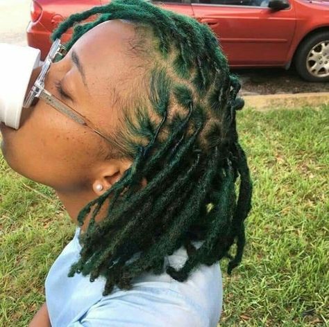 Black And Blonde Skunk Stripe Locs, Emerald Green Locs Black Women, Dark Green Locs Black Women, Green And Blonde Locs, Locs With Dyed Tips, Green And Black Locs, Green Locs Black Women, Dark Green Locs, Green Locs