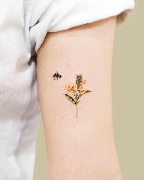 48 Unique Bee Tattoos with Meaning - Our Mindful Life Bee With Flowers Tattoo, Parker Tattoo, Bee And Flower Tattoo, Sisters Tattoos, Buttercup Tattoo, Pansy Tattoo, Queen Bee Tattoo, Small Bee Tattoo, Tattoo Pencil