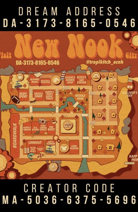 Acnh City Layout Ideas, Animal Crossing Map Layout City, 70s Animal Crossing Island, Acnh Town Map, Acnh Citycore Layout, Acnh 70s Designs, Acnh 70s Island, Acnh Citycore Dream Address, Acnh Retro Designs