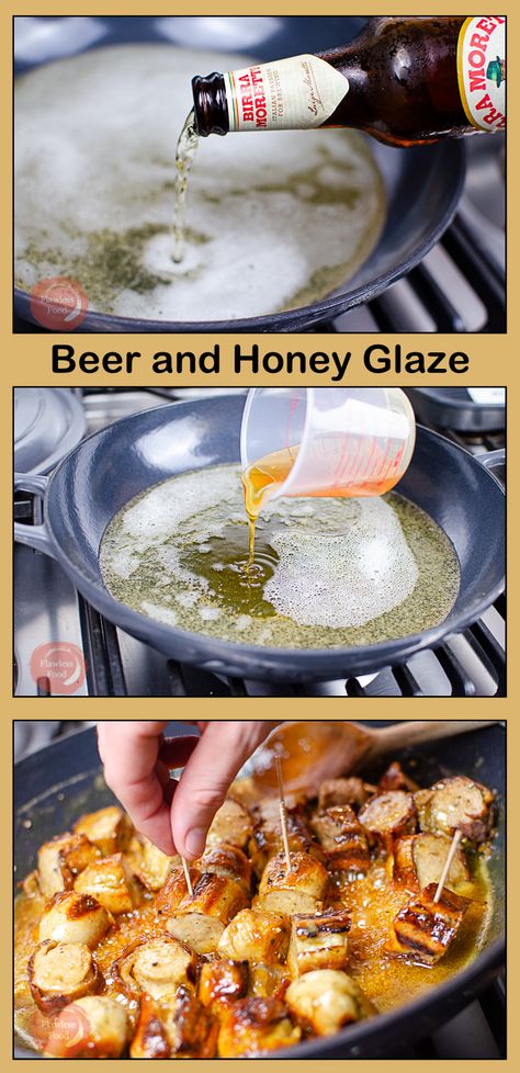 Perfect sweet Sticky Beer and Honey Glaze. The combination beer, honey & mustard with garlic, sugar and thyme is mouthwatering good! #honeyglaze #glaze #saucerecipe #recipe #beer Beer Sauce Recipes, Dressings Recipes, Chunky Chips, Bratwurst Sausage, Fantastic Recipes, Shish Kabobs, Recipes Beef, Appetizers Recipes, Chicken Kebabs