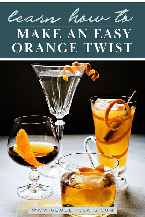 A Orange Twist is usually used to garnish classic cocktail recipes such as an Old Fashioned. Orange peel garnishes are so easy to make and can be used for more more than just cocktails. Read on to learn how to make 4 different types of orange twists and different ways to use them. An orange twist, in the world of cocktails, is a delightful and versatile garnish that adds a burst of citrusy aroma and flavor and pop of color to your favorite beverages. | @goodlifeeats Orange Peel Garnish, Summer Entertaining Recipes, How To Make Orange, Easy Weekday Meals, Drink Garnishing, Seasoned Veggies, Orange Cocktails, Delicious Family Meals, Classic Cocktail Recipes