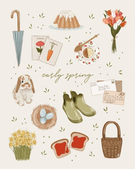 Season Drawings Ideas, Watercolor Collage Art, Cozy Spring Aesthetic, February Stickers, Spring Character, Spring Journal, Digital Bullet Journal, Whimsical Art Journal, Sticker Design Inspiration