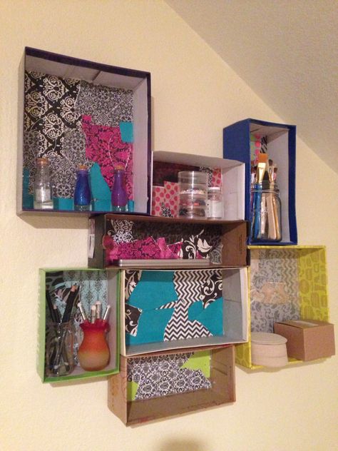 Mod Podge shoe box organizer What To Do With Old Shoe Boxes, What To Do With A Shoe Box Diy, Shoebox Bedroom Project, Diy Shoebox Desk Organizer, Shoe Box Lids Made Into Oicture, Shoe Box Organizer, Shoe Box Diy, Shoe Box Crafts, Student Room