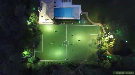 Backyard soccer field Private Soccer Field, Soccer Pitch Backyard, Soccer Field At Home, House With Soccer Field, Home Soccer Field Outdoor, Football Field Backyard, Soccer Field In Backyard, House With Football Pitch, Home Football Pitch