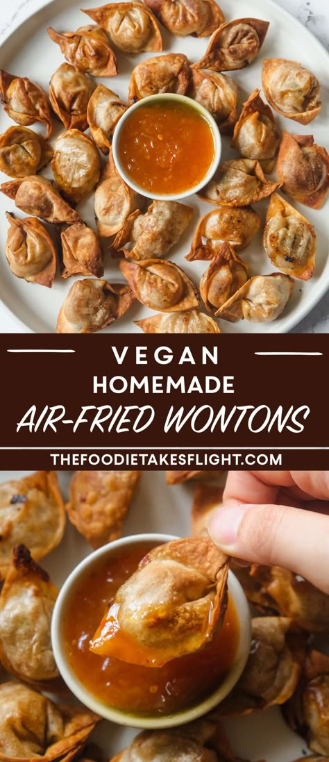 Vegan Wontons Filling, Vegan Fried Wontons, Vegan Asian Appetizers, Tofu Wontons, Wonton Wrapper Recipes Vegetarian, Vegetarian Wontons, Veggie Wontons, Air Fried Dumplings, Vegan Wonton