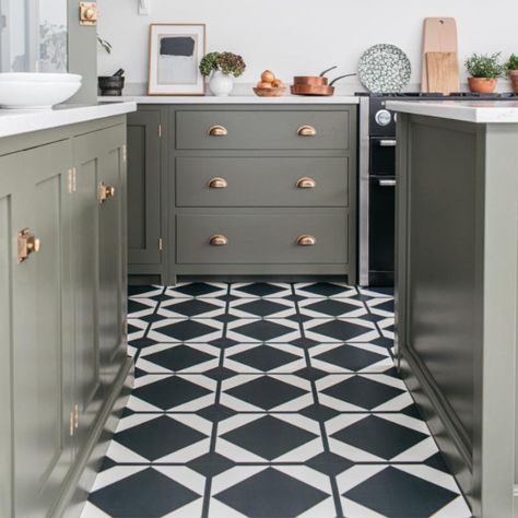 Black Luxury Vinyl Tile Flooring | Harvey Maria Black And White Kitchen Floor Tiles, Patterned Kitchen Floor, Charcoal Flooring, Black And White Kitchen Floor, Harvey Maria Flooring, Black And White Floor Tile, Heritage Colours, Black Vinyl Flooring, Pattern Flooring