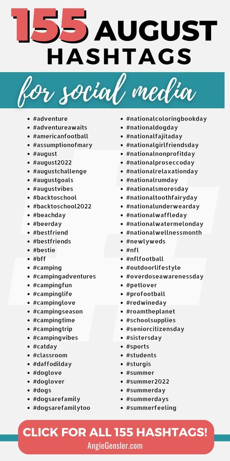 This list of hashtags will help you get better results with your social media marketing in August. These 155 hashtags will get more exposure to your posts and provide you with awesome content ideas! #contentmarketing #socialmediatips Podcast Workflow, List Of Hashtags, Hashtag Ideas, Creative Podcast, Pin Templates, Facebook Tips, Linkedin Tips, Twitter Tips, Popular Hashtags