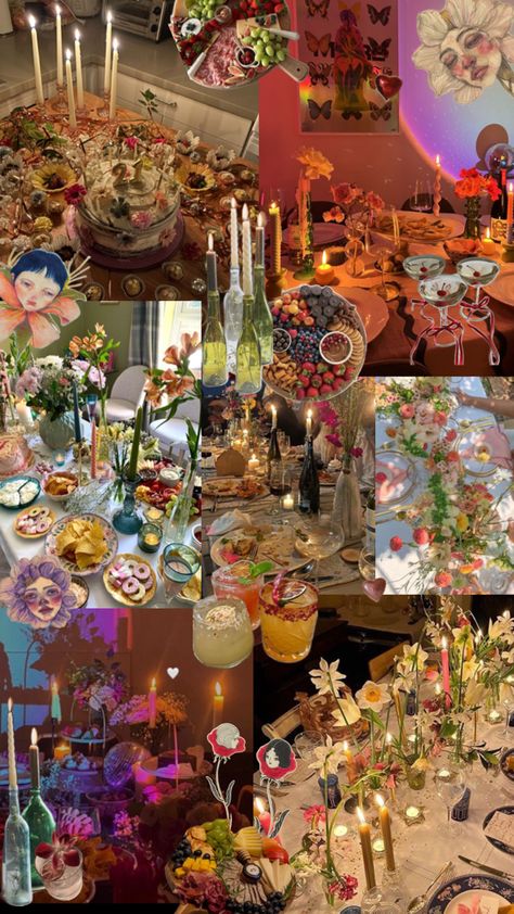 This collage captures an enchanting dinner party with floral arrangements, candlelight, and artistic displays of food. Tables are adorned with flowers, elegant china, and vibrant charcuterie boards. Soft lighting, pastel artwork, and creative cocktails create a dreamy, bohemian atmosphere blending nature, art, and gastronomy. Whimsical Garden Party, Food Tables, Winter Dinner Party, Dinner Gathering, Creative Cocktails, Dinner Party Themes, Pastel Artwork, Creative Cocktail, Candle Light Dinner