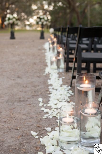 Floating Candles Down The Aisle, Rose Petals Centerpiece Wedding, Floating Candles Ceremony Aisle, Rose Petals Ceremony Aisle, Petals And Candles Down Aisle, Ceremony Aisle Candles Outdoor, Rose Petals Aisle Wedding, Floating Candles Aisle Wedding, White Rose Ceremony Flowers