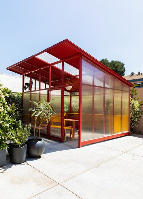 Red Greenhouse, Shed Architecture, Red Shed, Social Studies Projects, Module Design, Study Project, Backyard Studio, Polycarbonate Panels, The Shed