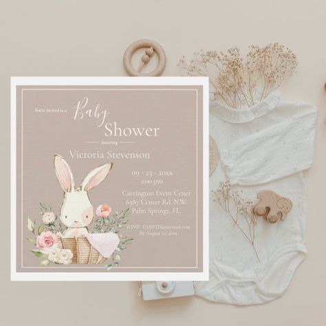 $3.77 | Bunny Rabbit Neutral Baby Shower Invitation - bunny rabbit in basket, watercolors, floral flowers, neutral colors, soft baby colors, woodland animals bunny, cute, forest animals, simple minimalistic, gender neutral Flowers Neutral, Cute Forest Animals, Baby Shower Invites Neutral, Baby Hug, Cute Forest, Baby Box, Baby Colors, Neutral Baby Shower, Soft Baby