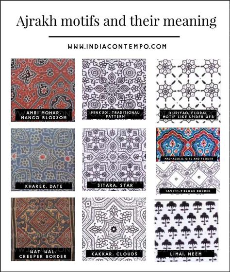 Do you know the hidden meanings of Ajrakh motifs? – India Contempo Ajrakh Prints Motifs, Ajrak Motifs, Ajrakh Motifs, Organic Prints, Clothing Fabric Patterns, Ajrak Print, Indian History Facts, Ajrakh Prints, Creative Textiles