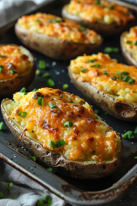 Potato Boats Recipe, Double Baked Potatoes, Cooking Mashed Potatoes, Baked Potato Casserole, Baked Potato Recipes, Potato Recipes Side Dishes, Potatoe Casserole Recipes, Potato Sides, Twice Baked