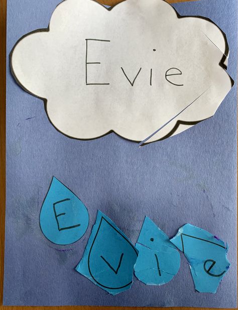 Awesome weather theme activity. Name clouds! Write child's name in cloud and then each letter in a rain drop. Have them find the letters of their name on the raindrops in the correct order. Name Clouds Preschool, Raindrop Name Craft, Rain Name Craft, Rain Crafts For Preschoolers, Rain Drop Craft, Rain Crafts Preschool, Rain Activities For Preschool, Weather Eyfs, Storm Activities