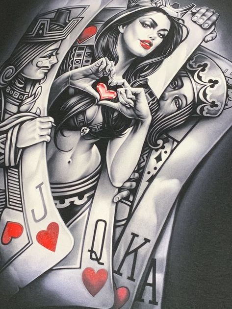 Og Abel Art, Evvi Art, Og Abel, Poker Tattoo, Playing Card Tattoos, Queen Of Hearts Tattoo, Art Chicano, Chicanas Tattoo, Card Tattoo Designs