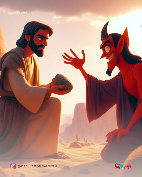 Temptation of Jesus Temptation Of Jesus, Jesus Tempted, Jesus Pics, Christian Cartoons, Jesus Cartoon, Jesus Christ Artwork, Bible Pictures, Religious Illustration, Jesus Painting