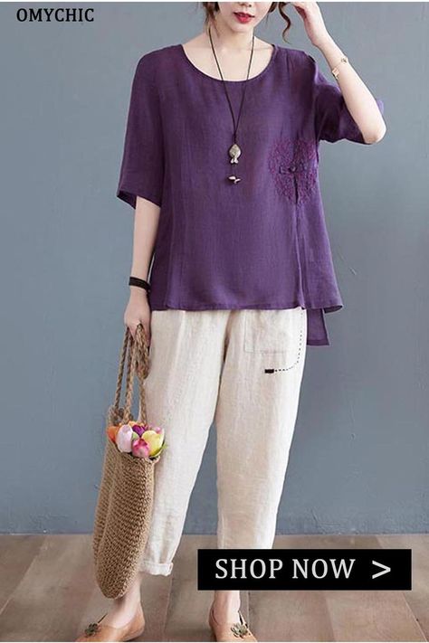 Boho Purple low high design Linen Shirt Top Summer Loose Tops For Women Casual, Loose Tops For Women, Hand Painted Dresses, Boho Purple, Denim Bows, Linen Top Women, Tops For Women Casual, Linen Fabrics, Linen Shirts