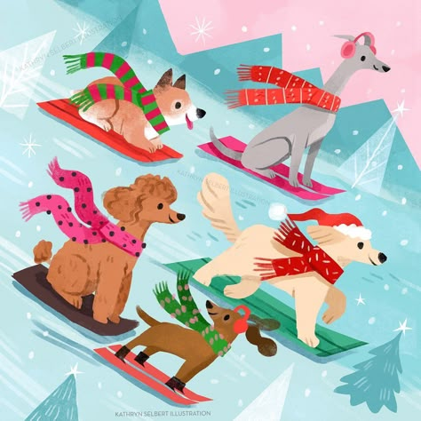 Winter Dog Illustration, Sledding Illustration, Kathryn Selbert, Dog Sleds, Drawing Snow, Christmas Card Illustration, Winter Illustration, Christmas Memories, Cozy Aesthetic