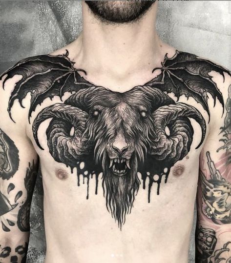 Goat Skull Chest Tattoo, Demon Head Tattoo, Skull Chest Tattoo, Tato Geisha, Tattoo Goat, Miscellaneous Tattoos, Goat Tattoo, Sick Tattoos, Satanic Tattoos