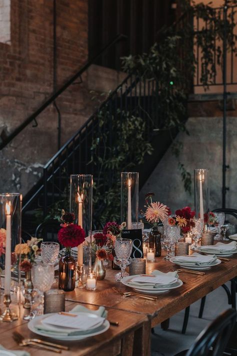 An Industrial Wedding at the Historic Hutton Brickyards in Kingston, NY | Hudson Valley Wedding Planner | Emily Boziwick Events Industrial Wedding Table Setting, Industrial Fall Wedding, Colorful Industrial Wedding, Autocamp Wedding, Wedding Reception Ideas Indoor Elegant, Industrial Wedding Table, Romantic Moody Wedding, Greenhouse Reception, Costco Wedding