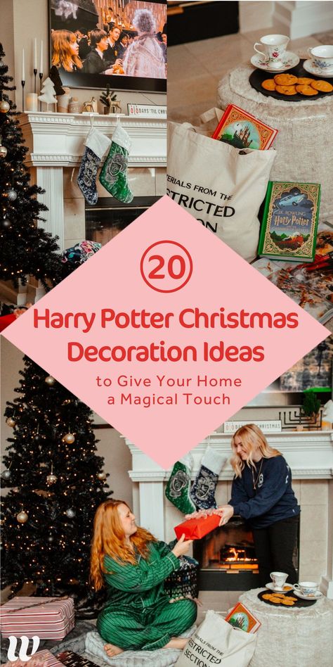 How to have the BEST Harry Potter Christmas with these magical decorations for a Hogwarts themed home this season. Ravenclaw stockings, Room of Requirments book bag, harry potter blankets and more harry potter decor ideas for the perfect holiday room! Whimsy Soul Harry Potter Christmas Theme Decor, Harry Potter Theme Christmas Decoration, Harry Potter Great Hall Christmas, Homemade Harry Potter Decorations, Harry Potter Inspired Christmas Decor, Harry Potter Christmas Decorations Ideas, Harry Potter Holiday Decor, Harry Potter Christmas Decor Ideas, Harry Potter Christmas Decorations House