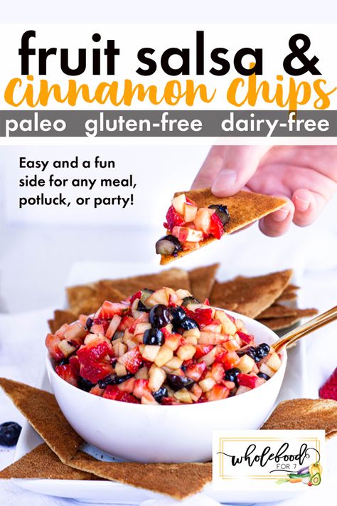 Fruit Salsa and Cinnamon Chips - Paleo, gluten-free, dairy-free appetizer that is easy, kid-friendly and so fun! Easy to make patriotic for July 4th and Memorial Day Macro Appetizers, Macro Friendly Appetizers, Paleo Party Snacks, Kid Friendly Potluck Dishes, Gf Df Appetizers, Gluten Free Holiday Appetizers, Gluten Free Dairy Free Appetizers, Fruit Salsa And Cinnamon Chips, Gluten Free Salsa