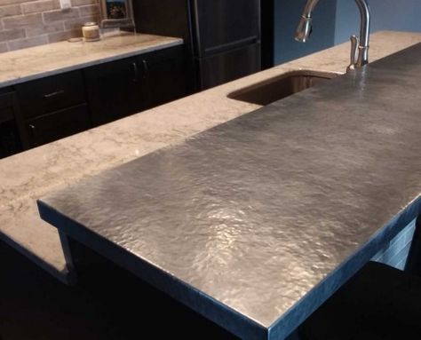 Hammered Zinc Bar Top Zinc Bar Top, Metal Bar Top, Metal Countertops, Copper Range Hood, Island Range Hood, Chimney Cap, Prep Sink, Bar Designs, Wall Mount Range Hood