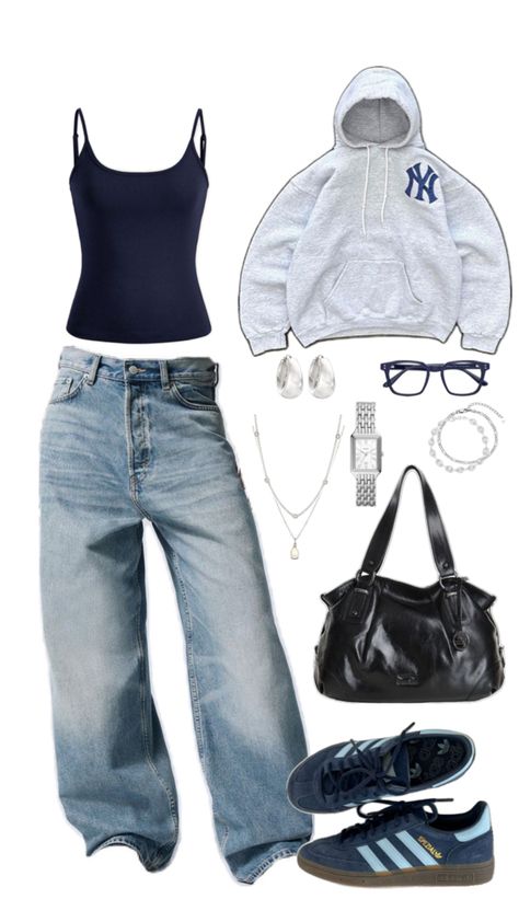 Outfit With Adidas, Clean Girl Outfit, Street Style Outfits Casual, Cool Outfit Ideas, Blue Jean Outfits, Cool Outfit, Outfit Inspo Casual, Neue Outfits, Casual School Outfits