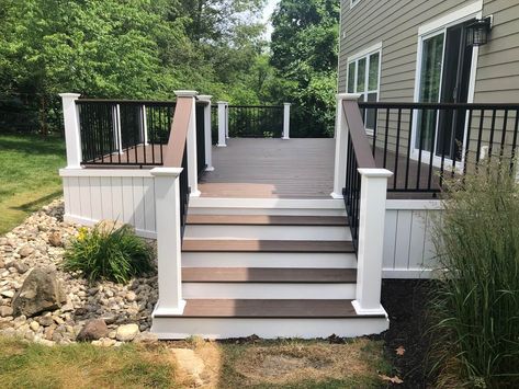 Front Steps Composite Decking, Adding Deck To Back Of House, Deck With Skirting, Handicapped Deck Ideas, Small Composite Deck, Deck On White House, Basic Deck Ideas, Composite Stairs To Patio, Composite Deck Colors For Tan House