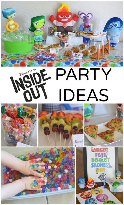 Disney PIXAR Inside Out Party Ideas!! So fun! Inside Out Food Disney, Inside Out 2 Snack Ideas, Inside Out Party Food, Inside Out Party Theme, Inside Out Food Ideas, Inside Out Themed Food, Inside Out Theme Party, Inside Out Birthday Party Ideas, Inside Out Movie Night