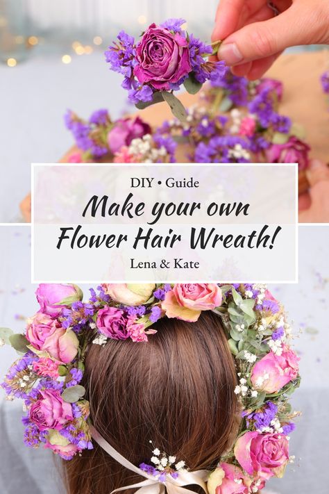 DIY tutorial on how to make your own flower hair wreath yourself How To Make A Flower Headpiece, Diy Flower Headband, Diy Head Wreath Floral Crowns, Hair Wreaths Diy Floral Crowns, Wild Flower Crown Diy, Diy Flower Crown Fake Flowers, Bohemian Handmade Flower Festival Headpieces, Flower Girl Hair Piece, Flower Headband Diy